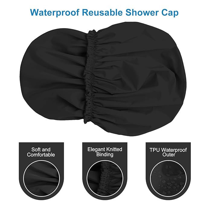 Shower Cap for Women Set of 4, 1 Double-Layer Waterproof Bath Cap + 3 Single-Layer Waterproof Shower Caps β Reusable Hair Protector, TPU Coated Elastic Bathing Cap for Women & Men - Black