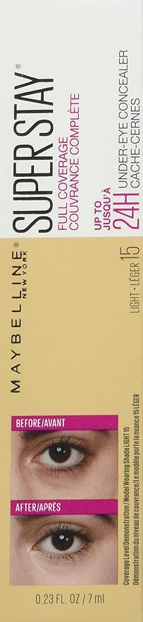 Maybelline New York Super Stay Full Coverage, Brightening, Long Lasting, Under Eye Concealer Liquid Makeup for up to 24H Wear, with Paddle Applicator, 15 Light, 0.23 Fl Oz