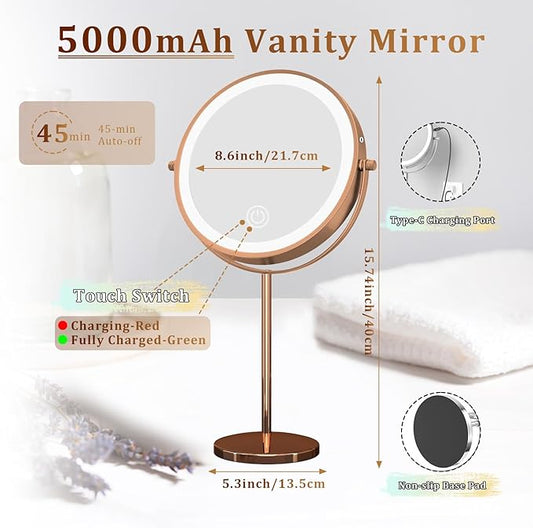 9in Vanity Mirror with Lights, Rechargeable&Dimming Lighted Makeup Mirror, 3X/20X Double Sided Magnifying Mirror,5000mAh,360 Rotate,3 Color Lights,Brightness with 80 LED,No Height Adjustment,RoseGold