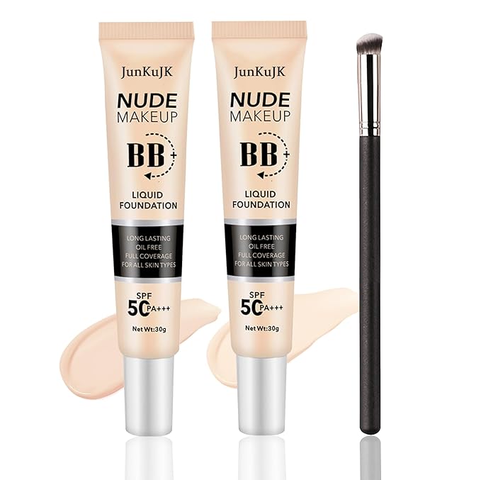 2PCS Hydrating BB Cream,Full Coverage Concealer Liquid Foundation for All Skin Types,Face Sunscreen SPF 50 PA++++ Long Lasting Moisturizing Oil Control Foundation Makeup Brush Set๏ผIvory & Natural๏ผ