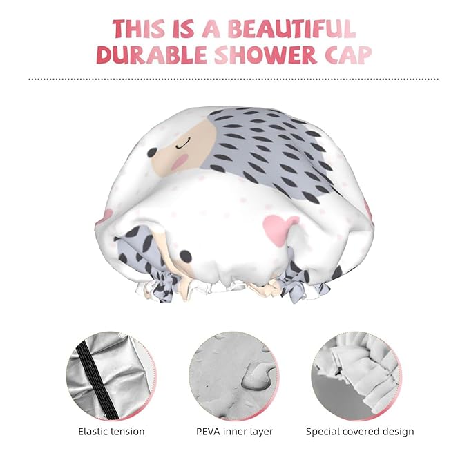Cute Hedgehog Animal Shower Cap for Women,Double Waterproof Layers Bathing Shower Hat Large Designed for all Hair