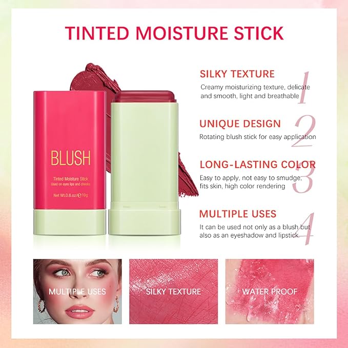 Multi-Use Makeup Blush Stick, Cream Blush Stick, Tinted Solid Moisturizer Stick for Cheek & Eyes & Lips, Waterproof Natural Nude Makeup, Suitable for All Skin (3#Coral Orange)