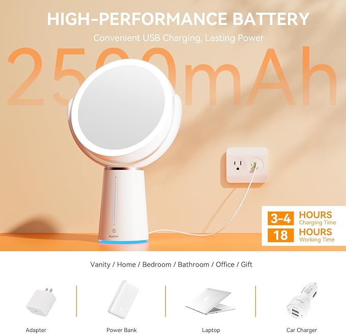 Lighted Makeup Mirror, 2500mAh Rechargeable Vanity Mirror with Lights, Double Sided 1X/10X Magnifying Mirror with 360° Rotation for Vanity Cosmetic, 10 Adjustable Brightness, Gift for Women