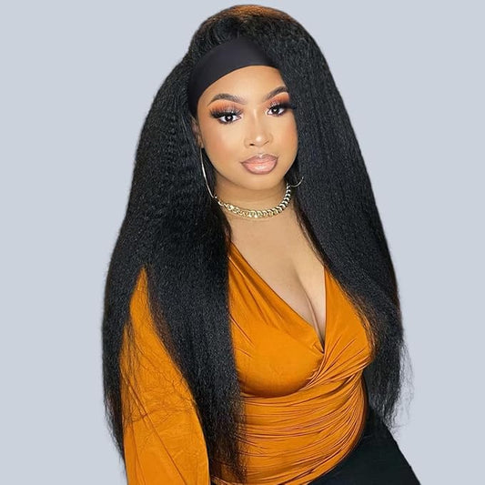 Headband Wigs Human Hair 180% Density 12A Kinky Straight Human Hair Headband Wigs For Black Women Yaki Straight Human Hair Wigs With Headband Attached Half Wig Natural Black Color 28 Inch
