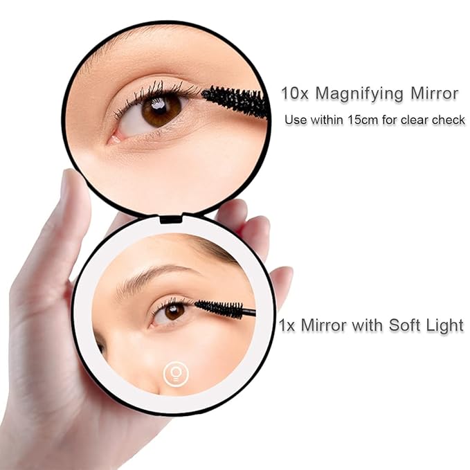 Compact Mirror with LED Light,1x/10x Magnifying Rechargeable Mirror,3.5in, Dimmable Travel Mirror for Purse,Pocket,Handheld 2-Sided Makeup Mirror