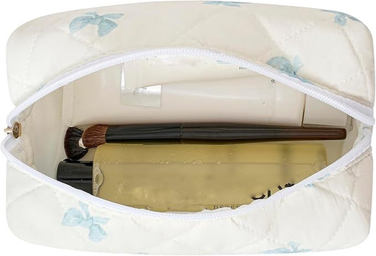 Makeup Bag Travel Cosmetic Bag for Women Girls, Zipper Make Up Pouch, Floral Flowers Toiletry Organizer Makeup, Portable Storage Bag, Cosmetic Travel Cloth Bag (Blue Bow Tie)