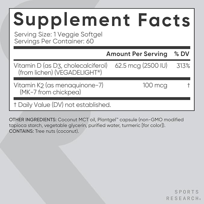 Sports Researchยฎ Vitamin D3 + K2 with Coconut MCT Oil | Vegan D3 2500iu (62.5mcg) & Plant Based Vitamin K2 Supplement | Vegan Certified, Soy & Gluten Free - 60 Softgels