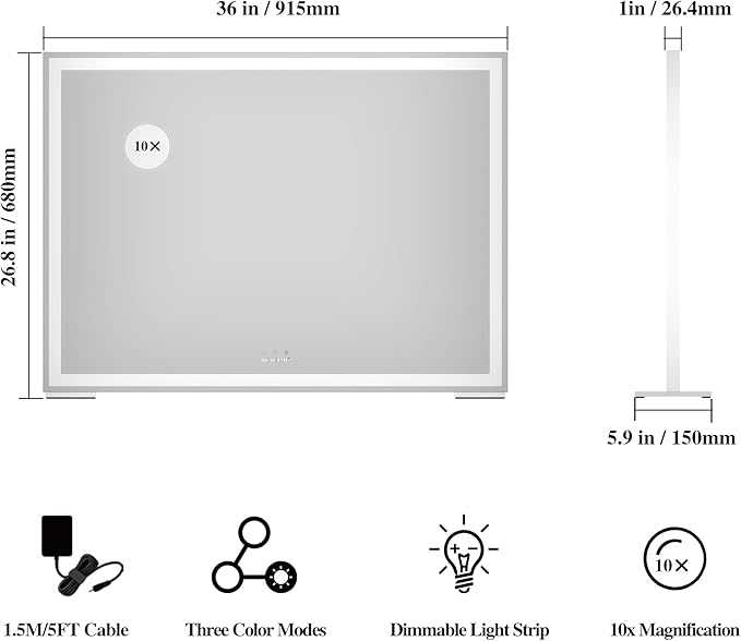 ANYHI Large Vanity Mirror with Lights, 36.2" x 26.8" Makeup Mirror with LED Lights, Tabletop or Wall Mount, 3 Color Modes, Dimmable, Touch Control, White
