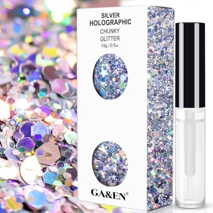 Silver Holographic Chunky Glitter Cosmetic Body Hair Face Eye Nail for Festival Carnival Concert Party Beauty Rave Accessories Different Sizes&Shapes 2 Pots 14g/0.5oz+ Quick Dry Primer Glue Gel