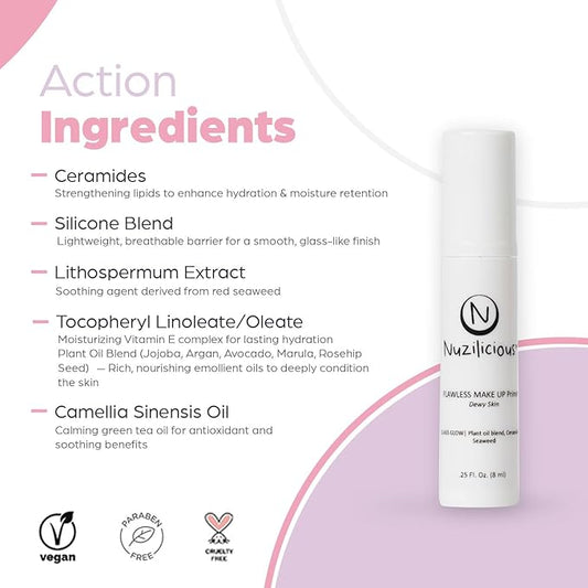 Professional Grade Flawless Makeup Primer β Achieve Dewy Skin & Effortlessly Blend Makeup with Luxurious Plant Oil Blend, Ceramide & Seaweed Extracts, Vegan & Cruelty-Free, 0.25 oz