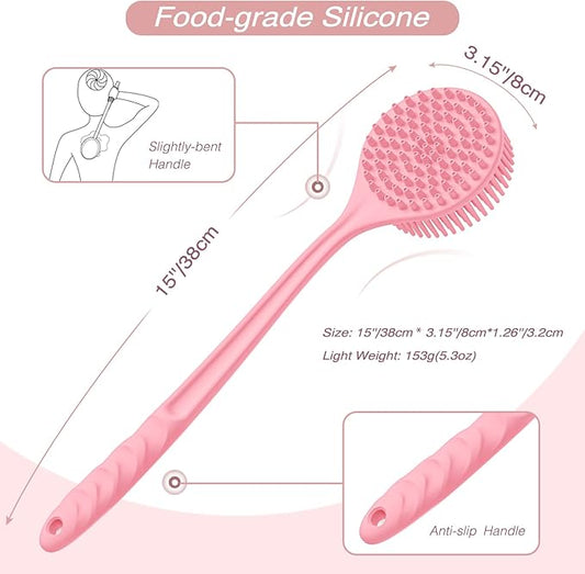 Manmihealth Silicone Back Scrubber for Shower(Thick Bristles), Body Scrubber with 15'' Long Handle, Light & Easy-to-Hold Shower Brush for Skin Exfoliating and Massaging, Not Good in Lathering.(Pink)