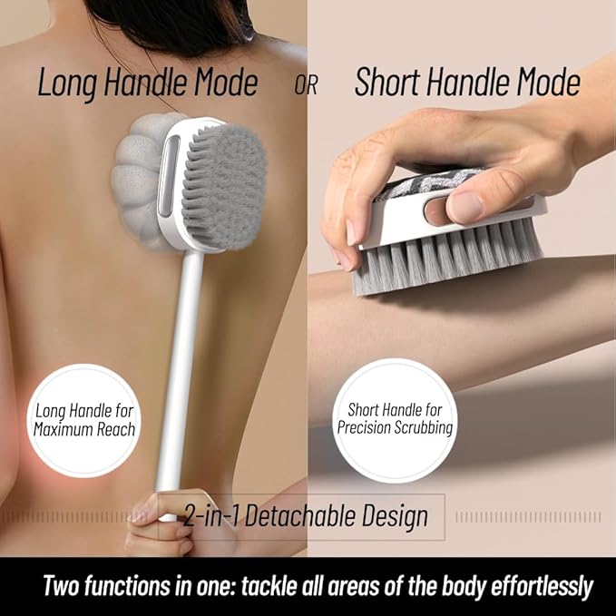 2-in-1 Shower Back Brush – Dual-Sided Scrubber with Soft Bristles & Loofah Sponge, Detachable Handle for Daily Bathing, Gentle and Travel-Friendly