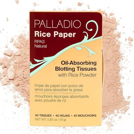 Palladio Rice Paper Facial Tissues for Oily Skin, Face Blotting Sheets Made from Natural Rice, Oil Absorbing Paper with Rice Powder, 2 Sided, Instant Results, Natural, 40 Count, Pack of 1