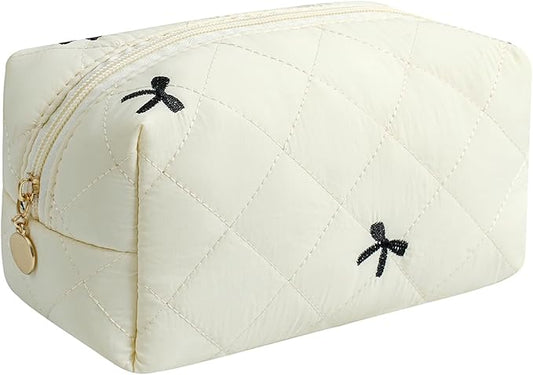 Gleyemor Small Quilted Makeup Bag for Women, Cute Floral Bow Cosmetic Bag, Emergency Bag Travel Toiletry Cotton Pouch Gifts for Girls Her Mom Friend Sister Bridesmaid (White&Black Bow)