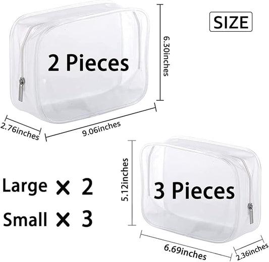 5 Pack Clear Plastic Zippered Toiletry Carry Pouch TSA Approved Toiletry Bag Portable Cosmetic Makeup Bag for Vacation, Bathroom and Organizing (White, Small/Large)