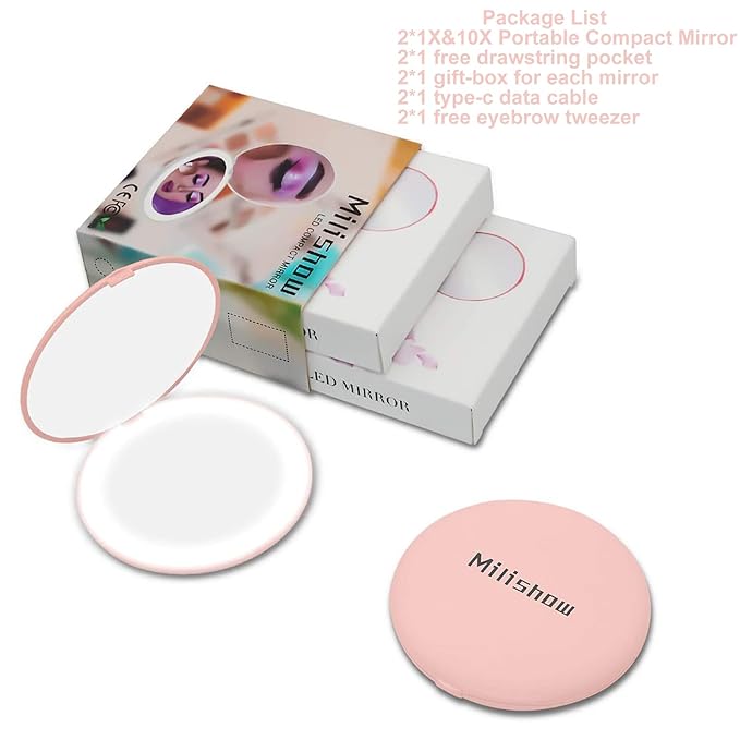 Compact Mirror with LED Light,1x/10x Magnifying Rechargeable Mirror,3.5in, Dimmable Travel Mirror for Purse,Pocket,Handheld 2-Sided Makeup Mirror