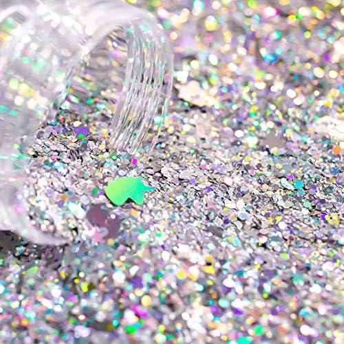 Silver Holographic Chunky Glitter Cosmetic Body Hair Face Eye Nail for Festival Carnival Concert Party Beauty Rave Accessories Different Sizes&Shapes 2 Pots 14g/0.5oz+ Quick Dry Primer Glue Gel