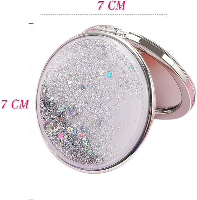 AKOAK 1 Pack Compact Mirror, Portable Quicksand Pocket Travel Makeup Mirror, Folding Hand-held Double Sided 1x/2x Magnifying Glass, Great Gift for Women and Girls (Silver)