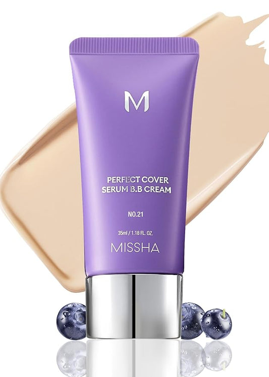 MISSHA M PERFECT COVER SERUM BB CREAM No.21 Light Beige - Light with Cool Undertone, Skin Tint, Tinted Moisturizer, Skin Care Foundation Makeup, Superfood Complex, Glass Skin, Korean Makeup,1.18 Fl oz