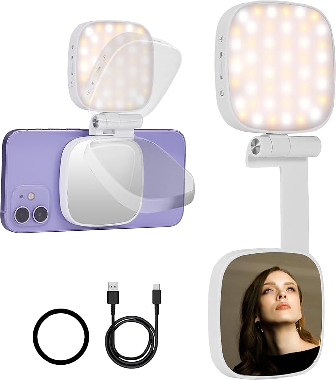 Magnetic Selfie Light Compatible with MagSafe iPhone, Multiple Folding LED Phone Photo Beauty Fill Ring Lighting with Mirror for Zoom Makeup Photography Recording Video Conference, (M27 White)