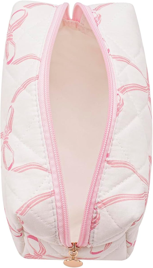 Gleyemor Small Quilted Makeup Bag for Women, Cute Floral Bow Cosmetic Bag, Emergency Bag Travel Toiletry Cotton Pouch Gifts for Girls Her Mom Friend Sister Bridesmaid (Big Pink Bow)