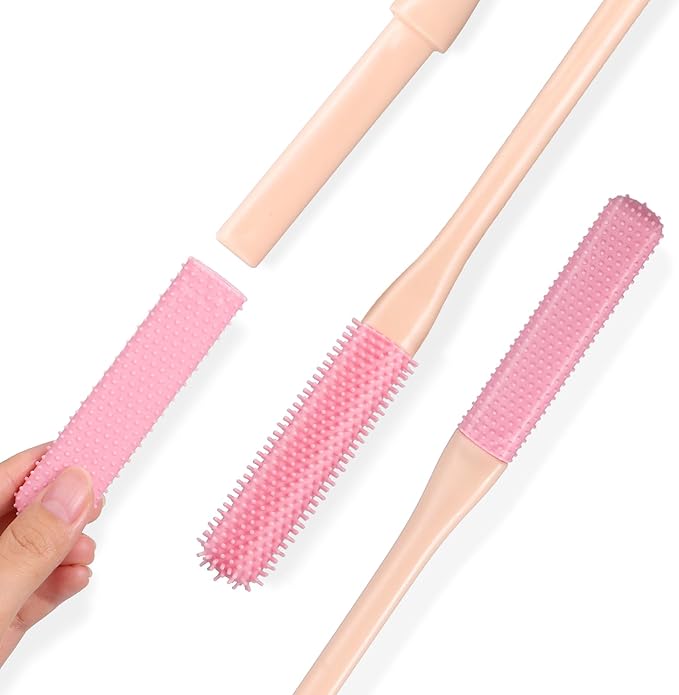 FRCOLOR Toe Cleaning Brush 2Pcs Toe Seam Massage Brush for Shower 15.7 Long Handle Silicone Foot Scrubber Feet Cleaner Brush for Seniors Elderly Men Women-Pink