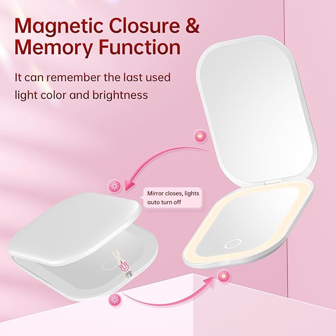 Benbilry Lighted Compact Travel Mirror with 3 Color Lights, 1X/3X Magnifying Ultra Slim Rechargeable Pocket Mirror for Purse, 2-Sided, Handheld, Folding, Portable, White