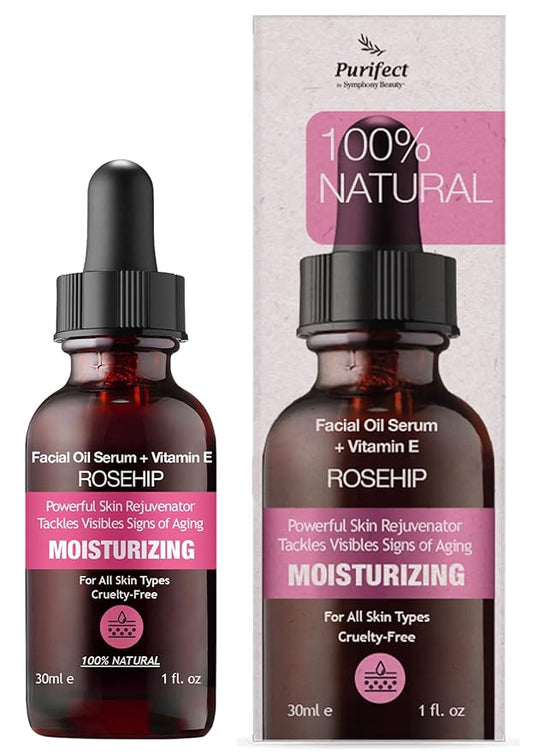 100% NATURAL ROSEHIP OIL Vegan Facial Serum Anti Aging Acne Scar Treatment with Vitamin E Jojoba Tea Tree 30ml 1 fl oz Non-Greasy and Fast Absorbing Formurla PURIFECT MADE IN USA