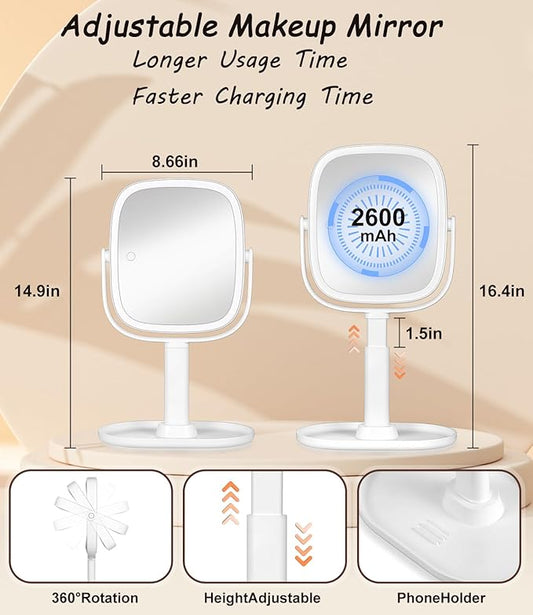 ALLROSE Professional 8" LED Lighted Makeup Mirror, 2600mAh Rechargeable 1x/7x Magnifying Vanity Mirror, 360Β° Rotation 2-Sided Light up Large Desk Mirror, Height Adjustable Lighted Makeup Mirror