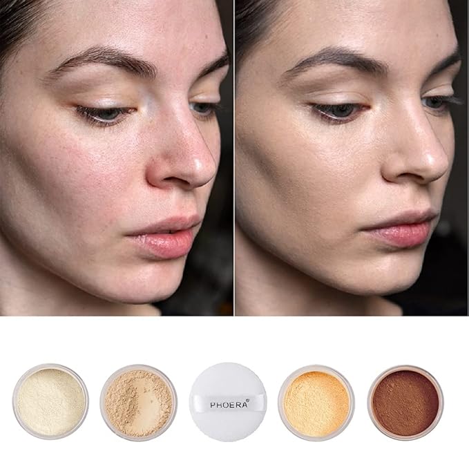 2 Pcs PHOERA Setting Powder, Control Oil Brighten Skin Color Cover Blemish Whitening Face Setting Loose Powderγ (01# Translucent & 02# Cool Beige)