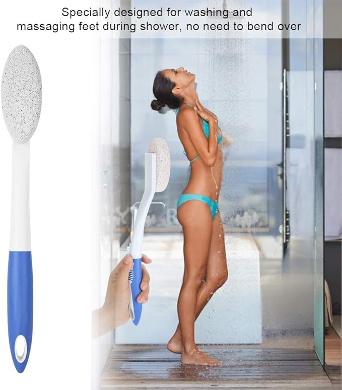 Foot Brush Long Handle Shower Bath Brush, Silicone Stone Foot Brush Removal Brush with Scrubbing Pumice Stone, 13.8inch Long Handle Foot Cleaning Massaging Brush