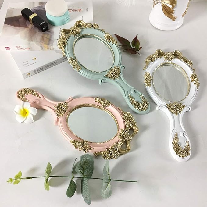 Vintage Hand Held Mirror, Vanity Rose Gold Makeup Mirror, Compact Travel Handheld Mirros, Gift for Mom, Wife, Girl Friend
