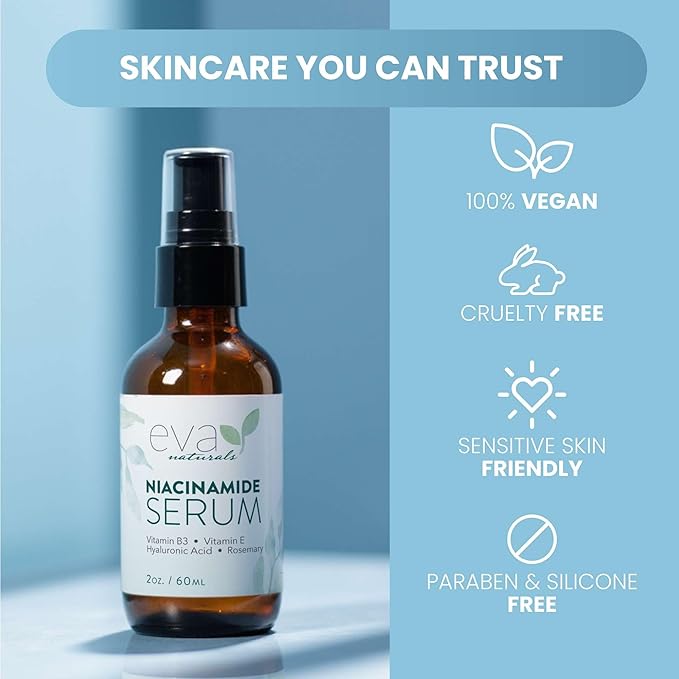 Eva Naturals Niacinamide 5% Serum for Face β B3 Pore Minimizer, Acne Treatment & Dark Spot Corrector with Hyaluronic Acid, Vitamin E, Aloe & Neem β Anti-Aging, Non-Greasy, Hydrating, 2oz