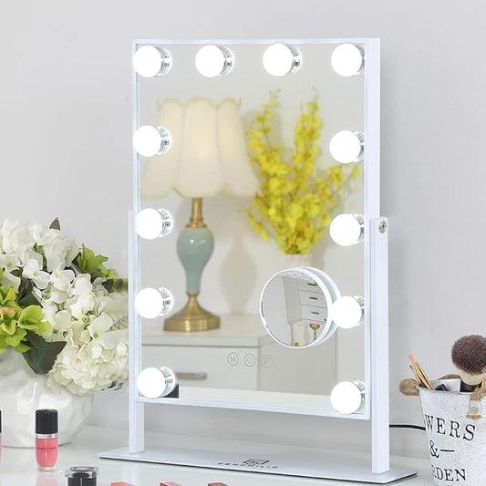 FENCHILIN Lighted Makeup Mirror Hollywood Mirror Vanity Makeup Mirror with Light Smart Touch Control 3Colors Dimmable Light Detachable 10X Magnification 360Β°Rotation(White)