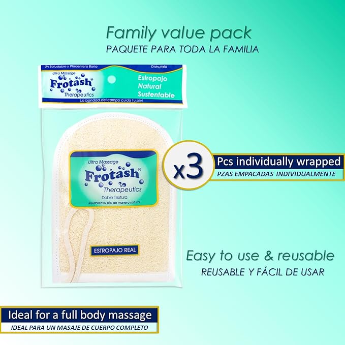 Premium Eco-Friendly Loofah Bath Shower Sponge Glove for Daily Cleansing, Exfoliating & Massage | 100% Natural Handmade Luffa Body Scrubber | Double-Sided Mitt for varied Exfoliation | 3 Count