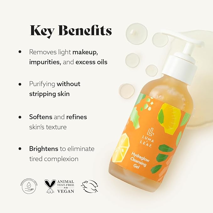LUMA & LEAF Hydraglow Gel Face Cleanser - 3.8 fl oz Brightening Daily Cleanser Face Wash with Botanical Fruit Enzyme Blend and Hyaluronic Acid Hydration β For all Skin Types