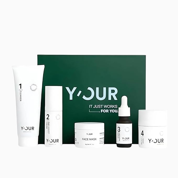 Y'OUR Acne Skincare Kit for Adults β 5-Step System with Cleanser, Day Cream, Serum, Night Cream & Mask β Fights Breakouts & Blemishes β Hydrating & Non-Comedogenic Formula
