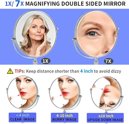19 Inch Tabletop Makeup Mirror 8 Inch Double-Sided 7X Magnification, High Adjustable Mirror with Pedestal for Bathroom, Standing Chrome Finish (Silver)