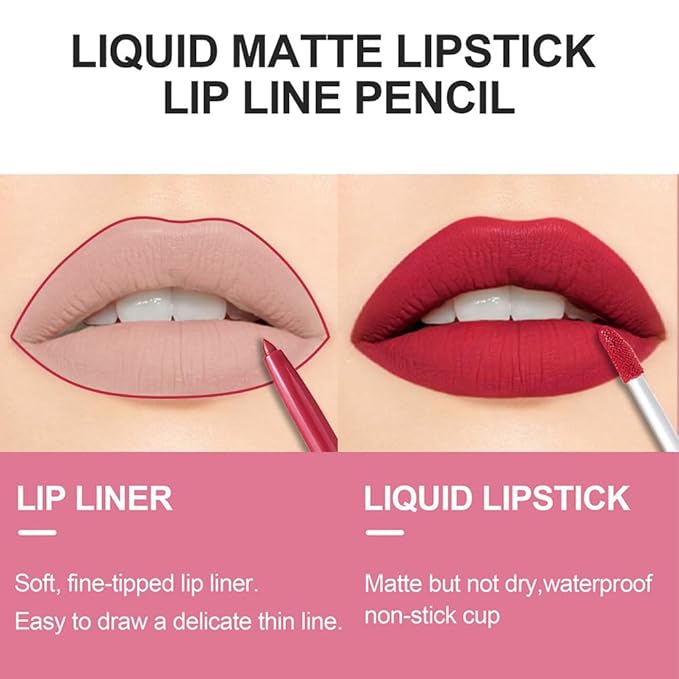 evpct 2Pcs Ruby Red Matte Lip Liner and Lipstick Lip Gloss Pencils Makeup Set Kit for Women, Lip Stains Long Lasting Waterproof 24