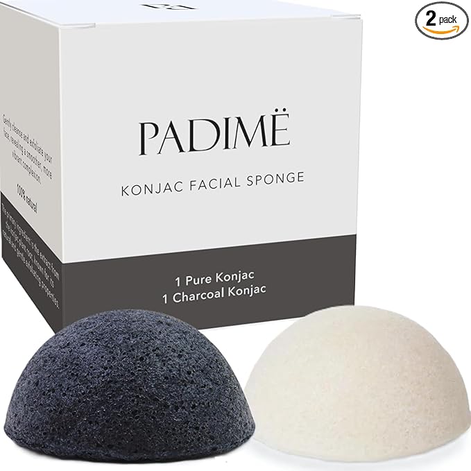 Padime 2pcs | Real Konjac Sponge Face | Natural for Face Cleansing | Korean Routine | Charcoal Sponge & Pure Konjac for Cleansing and Exfoliating | 100% Natural & EcoFriendly