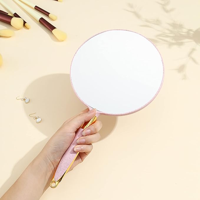 Eaoundm Round Hand Held Mirror for Makeup Hand Mirror (6.9W X 13 L inchs, Pink)