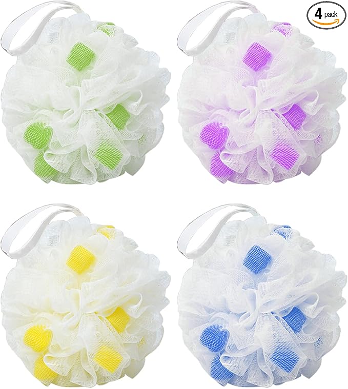 MURRI&MURRDI Body Scrubber Ball Bath Sponge, Exfoliating Loofah Shower Sponge, 4 Pack Mesh Body Sponge, Body Shower Puff Cute Shower Loofah (4 Colour)