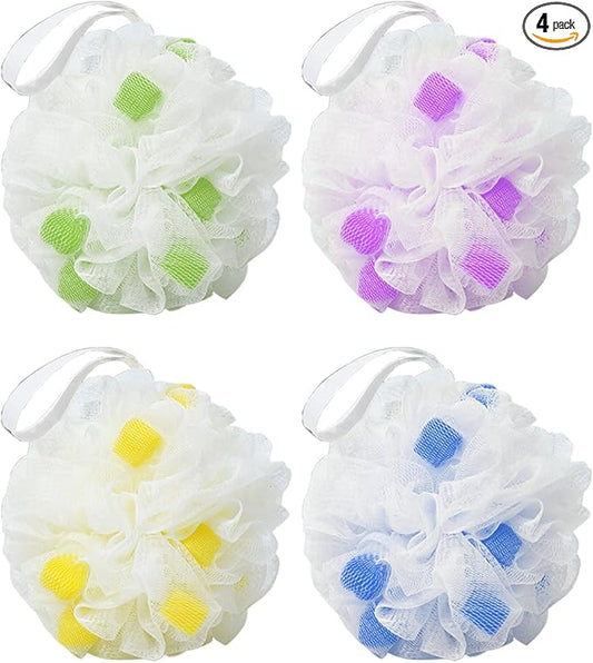 MURRI&MURRDI Body Scrubber Ball Bath Sponge, Exfoliating Loofah Shower Sponge, 4 Pack Mesh Body Sponge, Body Shower Puff Cute Shower Loofah (4 Colour)
