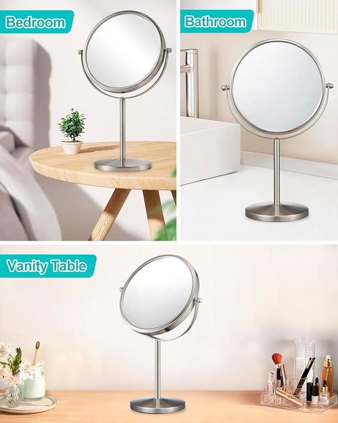 ALHAKIN 1X/15X Magnifying Mirror, Double Sided Makeup Mirror with Stand for Desk, 8 Inch Vanity Tabletop Mirror with 360Β° Rotation Portable for Bathroom Bedroom, Nickel