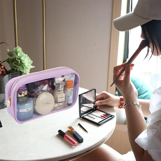 Medium Preppy Transparent Makeup Pouch Women Travel Clear TPU and Nylon Cosmetic Pouch (Medium, Purple)