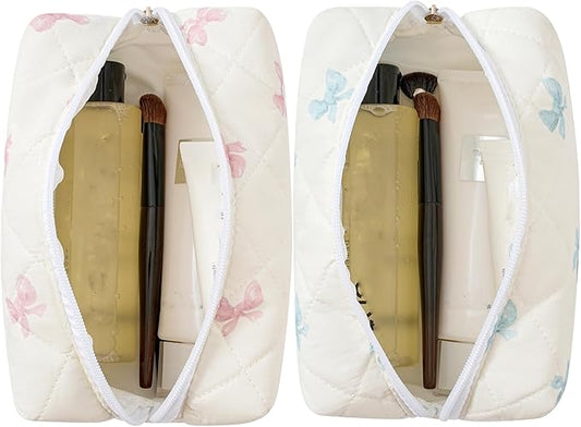 Makeup Bag Travel Cosmetic Bag for Women Girls, Zipper Make Up Pouch, Floral Flowers Toiletry Organizer Makeup, Portable Storage Cosmetic Travel Cloth Bag (Pink Bow Tie+Blue Bow Tie)