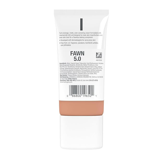 Neutrogena Clear Coverage Flawless Matte CC Cream, Full-Coverage Color Correcting Cream Face Makeup with Niacinamide (b3), Hypoallergenic, Oil Free & Fragrance Free, Fawn, 1 oz