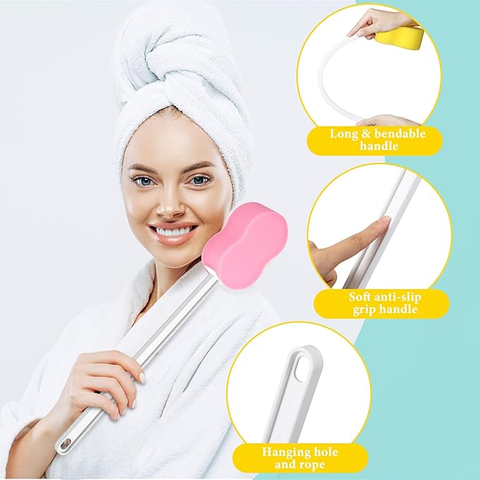 3 Pieces Long Handle Sponge 22.4'' Back Sponge on a Stick Body Brush Handled Washer Scrubber for Foot Body Limited Motion (Pink, Blue, Yellow)