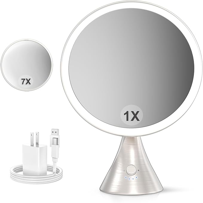10'Large Lighted Makeup Mirror with 7X Magnification Mirror,3 Colors & 10 Brightness,Magnifying Mirror with Light for Makeup Vanity,5000mAh,Pearl Nickel,Gifts Box (Nickel)