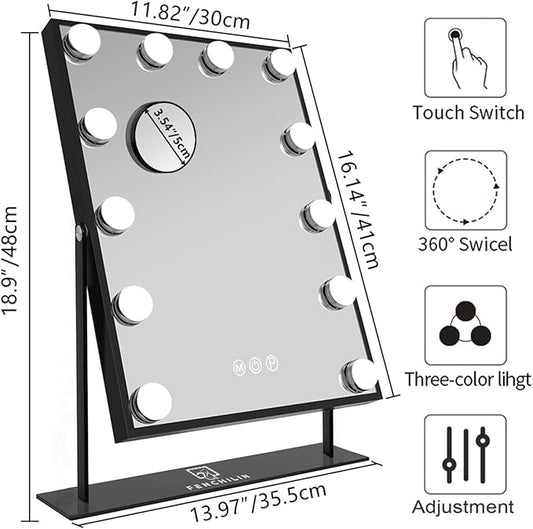 FENCHILIN Lighted Makeup Mirror Hollywood Mirror Vanity Makeup Mirror with Light Smart Touch Control 3Colors Dimable Light Detachable 10X Magnification 360°Rotation(Black)